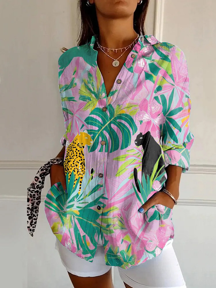 Jungle Leopard Print Casual Long Sleeve Shirt