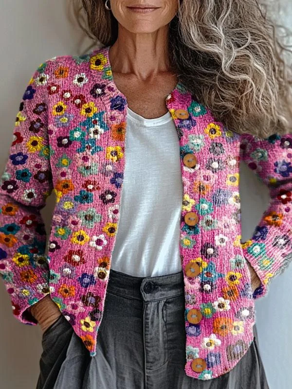 Vintage Floral Colorful Art Print Buttoned Cardigan Sweater