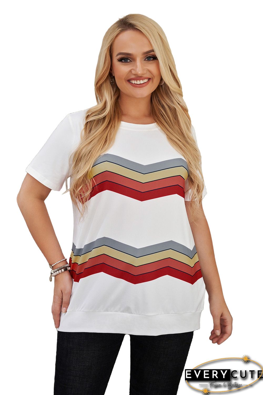 White Colorful Stripes Print Short Sleeve Plus Size Top