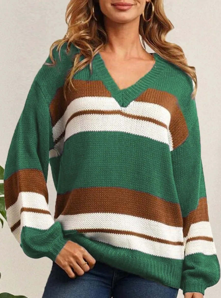 V-neck Loose Casual Striped Sweater Pullover