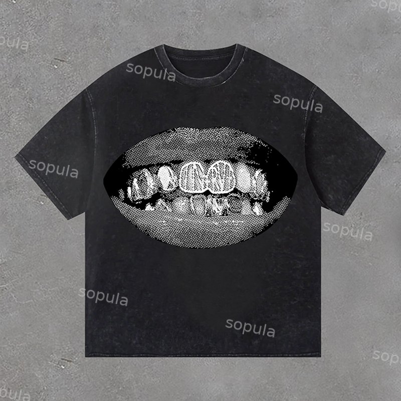 Sopula Men's Retro Unisex Lip Print Washed T-Shirt - SOPULA