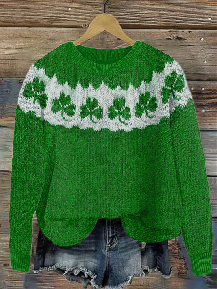 Shamrock Pattern Casual Cozy Knit Sweater wearshes