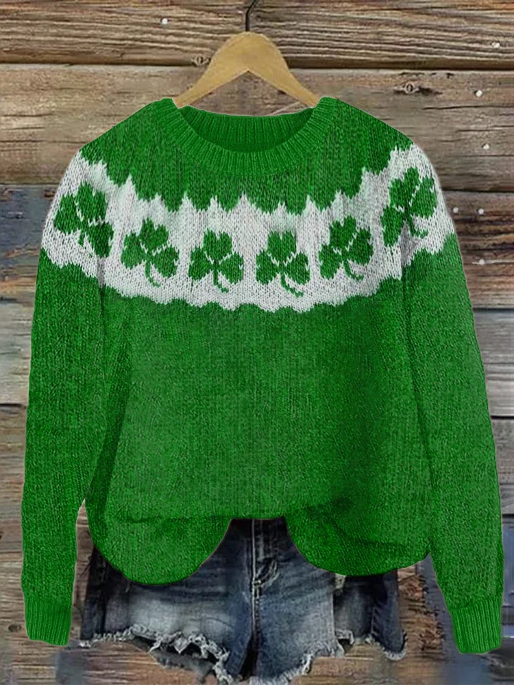 Wearshes Shamrock Pattern Casual Cozy Knit Sweater