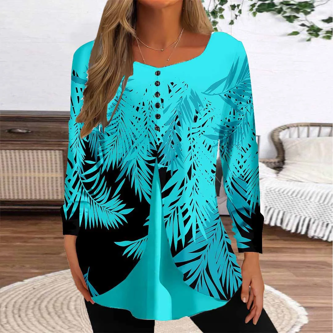 Women Graphic,Blue DZGG8349 Long Sleeve Scoop Neck Printed Graphic Button Fake 2in1 Tops