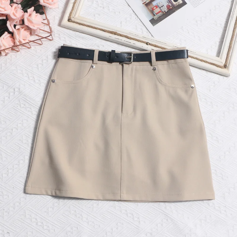 Uveng Real Shooting Gray Short Skirt Women's Summer Leisure High-Waisted Thin A-Body Skirt Anti-Walking Bag Hip Skirt With Belt 8010