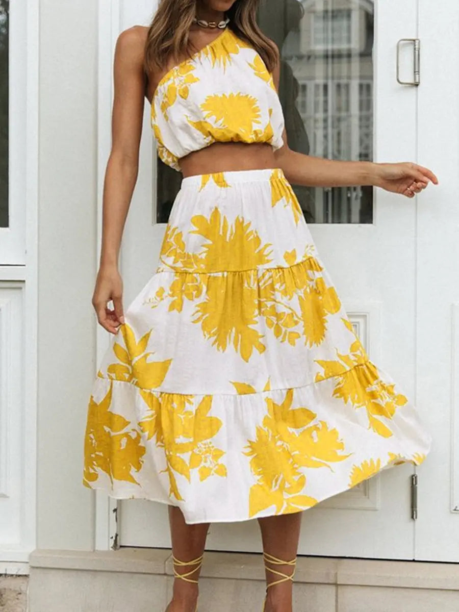 Sloping Shoulder Floral Pattern Skirt Sets