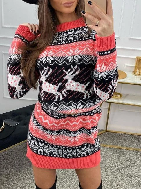 Women's Scoop Neck Knitted Long Sleeved Mini Dress