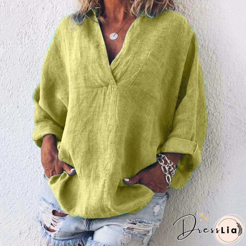 XS-8XL Autumn Tops Plus Size Fashion Clothes Women's Casual Long Sleeve Tee Shirts Deep V-neck Tunic Tops Ladies Blouses Pullover Loose T-shirts Solid Color Linen Blouses