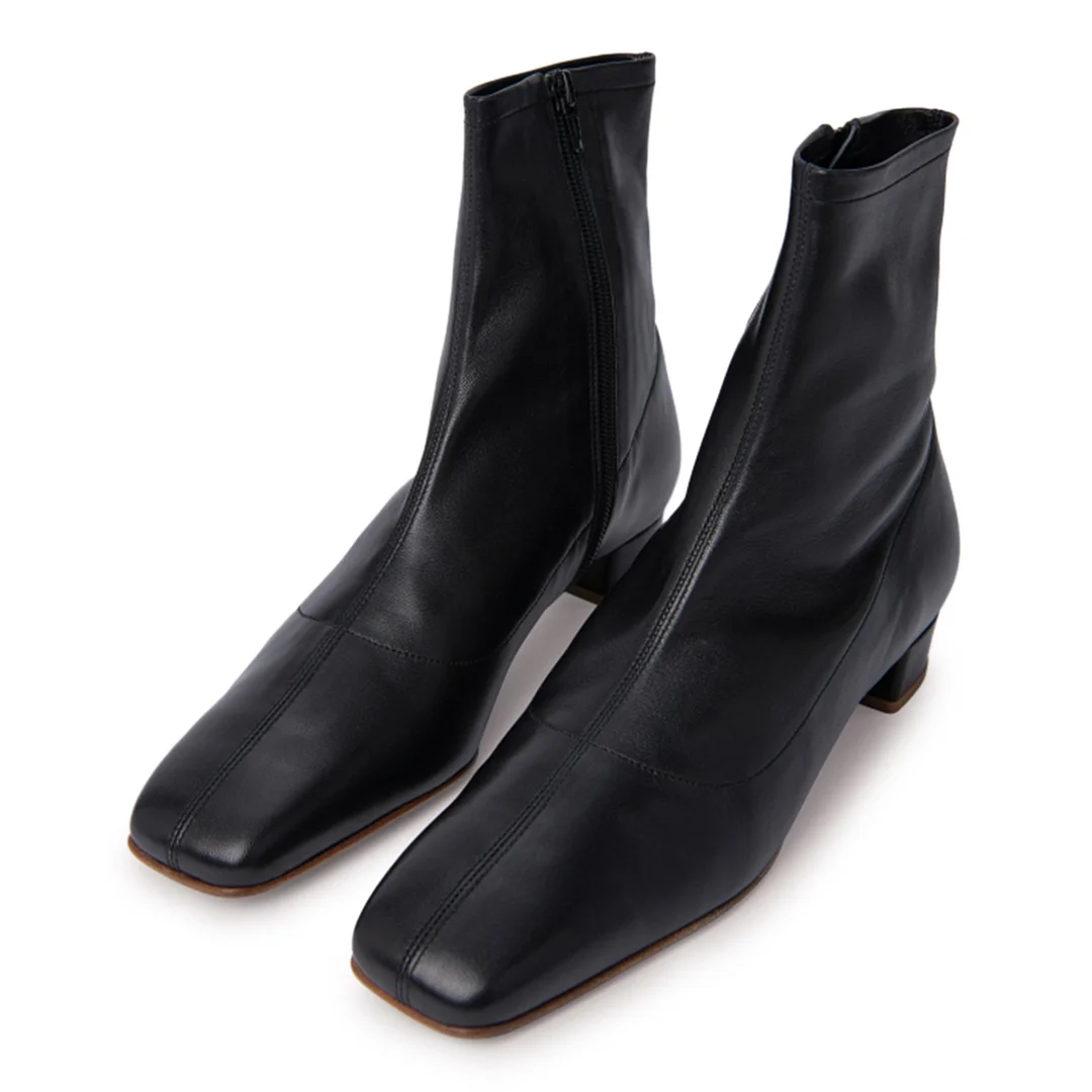 Vegan Leather Square Toe Side-Zip Sexy Ankle Booties in Black