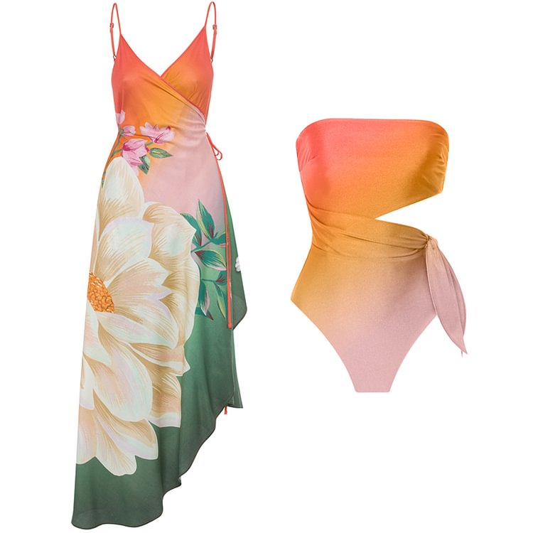 Gradient Bandeau Cut Out One Piece Swimsuit and Cover Up
