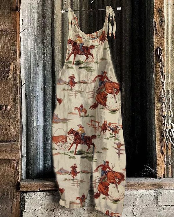 Vintage Western Cowboy Print Casual Jumpsuit