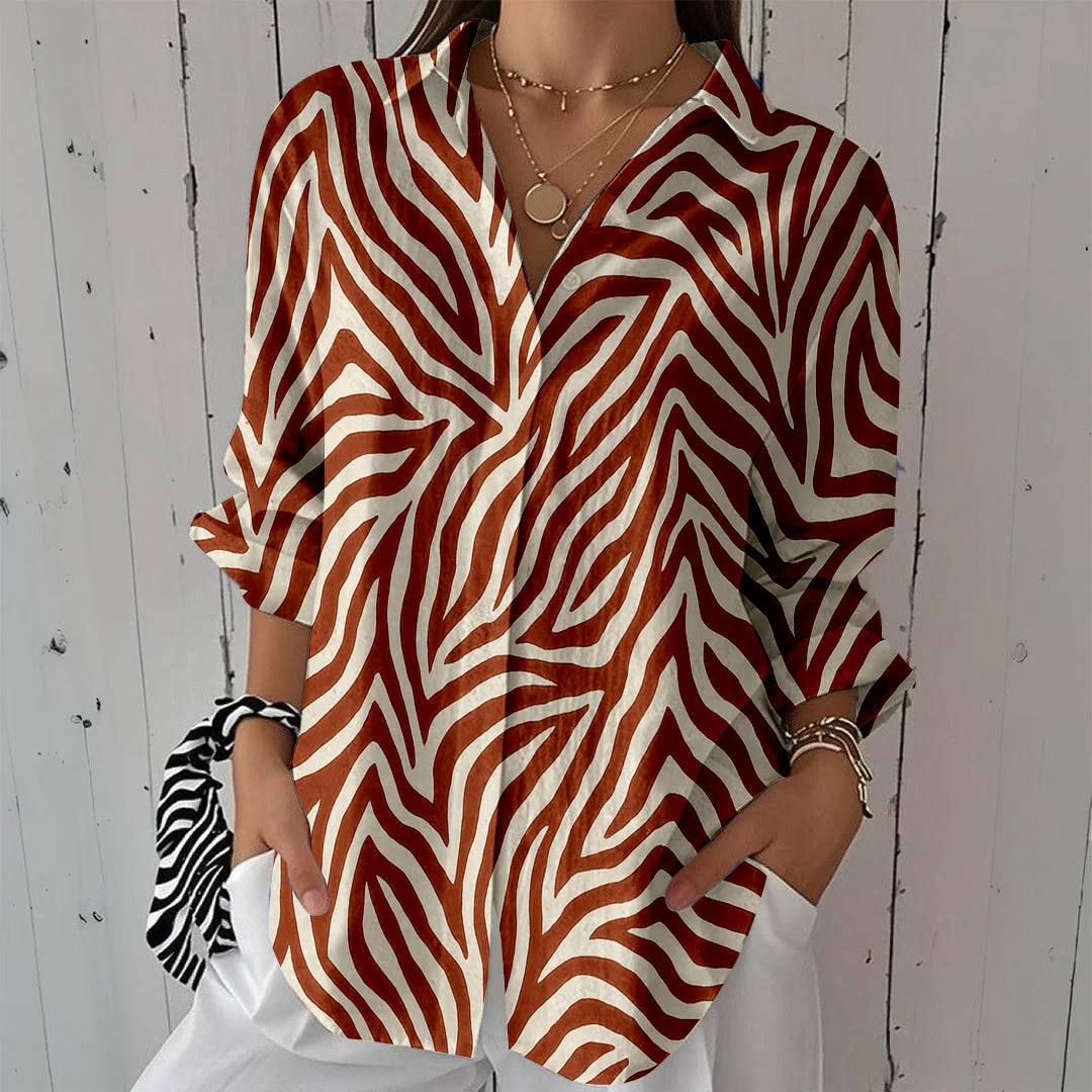 Style & Comfort for Mature Women Women Abstract,Brown DZCL0273 3/4 Sleeve Shirt Collar Printed Button Tops