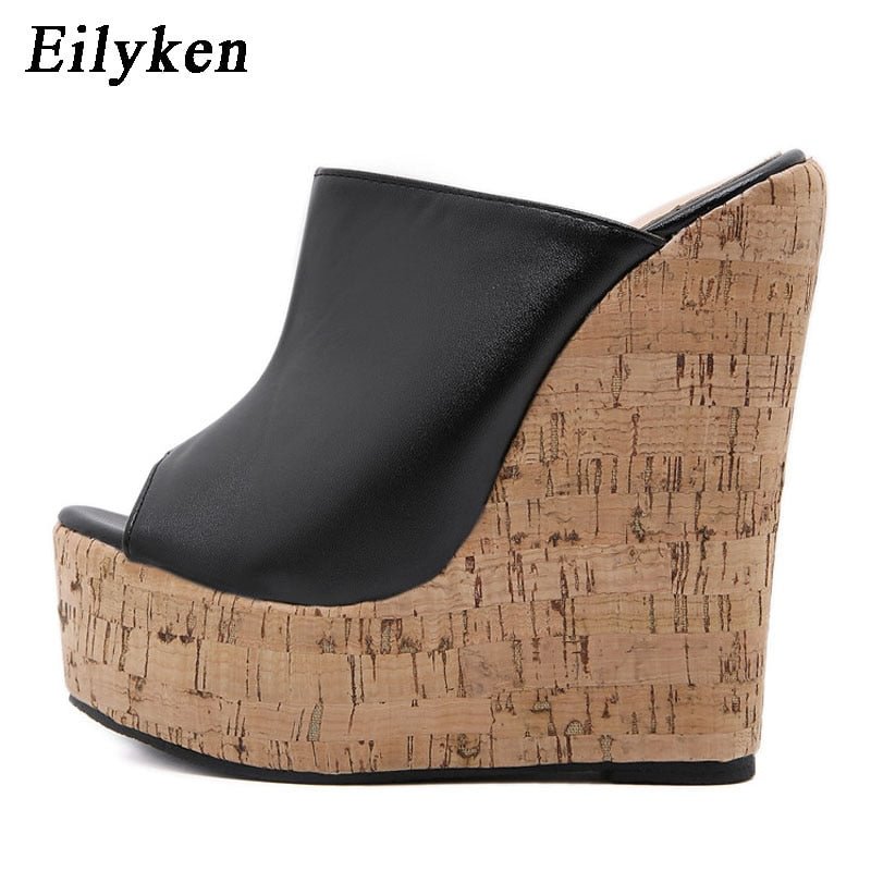 Newest Peep Toe Platform Wedge Slippers Black Summer Shoes Woman Sexy Super High Sandal Slippers Black 35-42 Mules