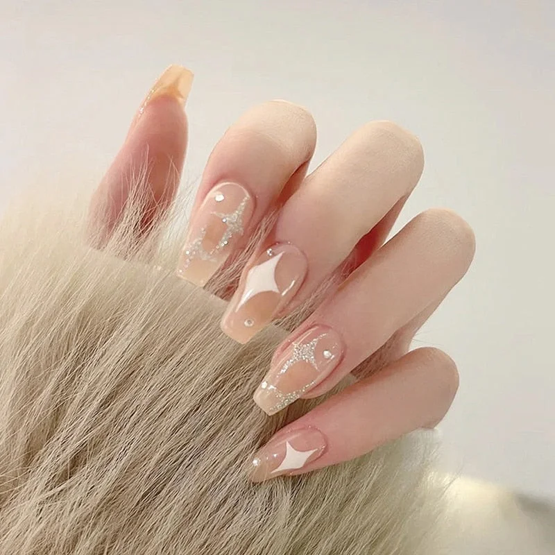 24pcs Fake Nails With Small Diamond Glue Type Long Paragraph Gradient Color Fashion Manicure Patch False Nails Press On Coffin D-Nail Inspo