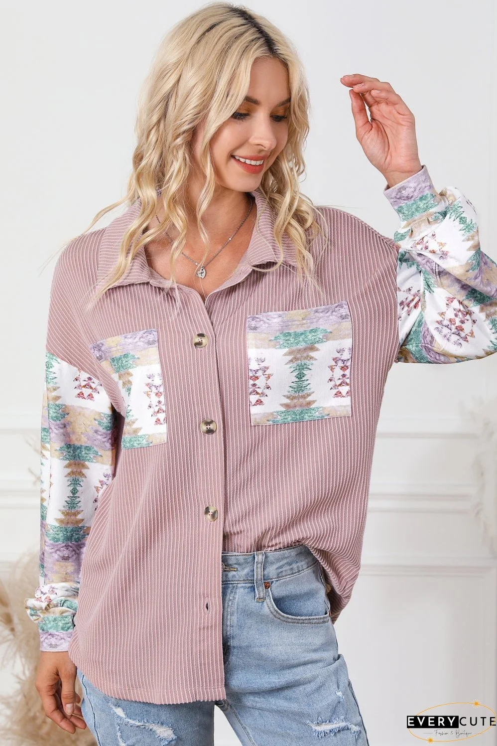 Pink Toltec Corduroy Contrast Shacket