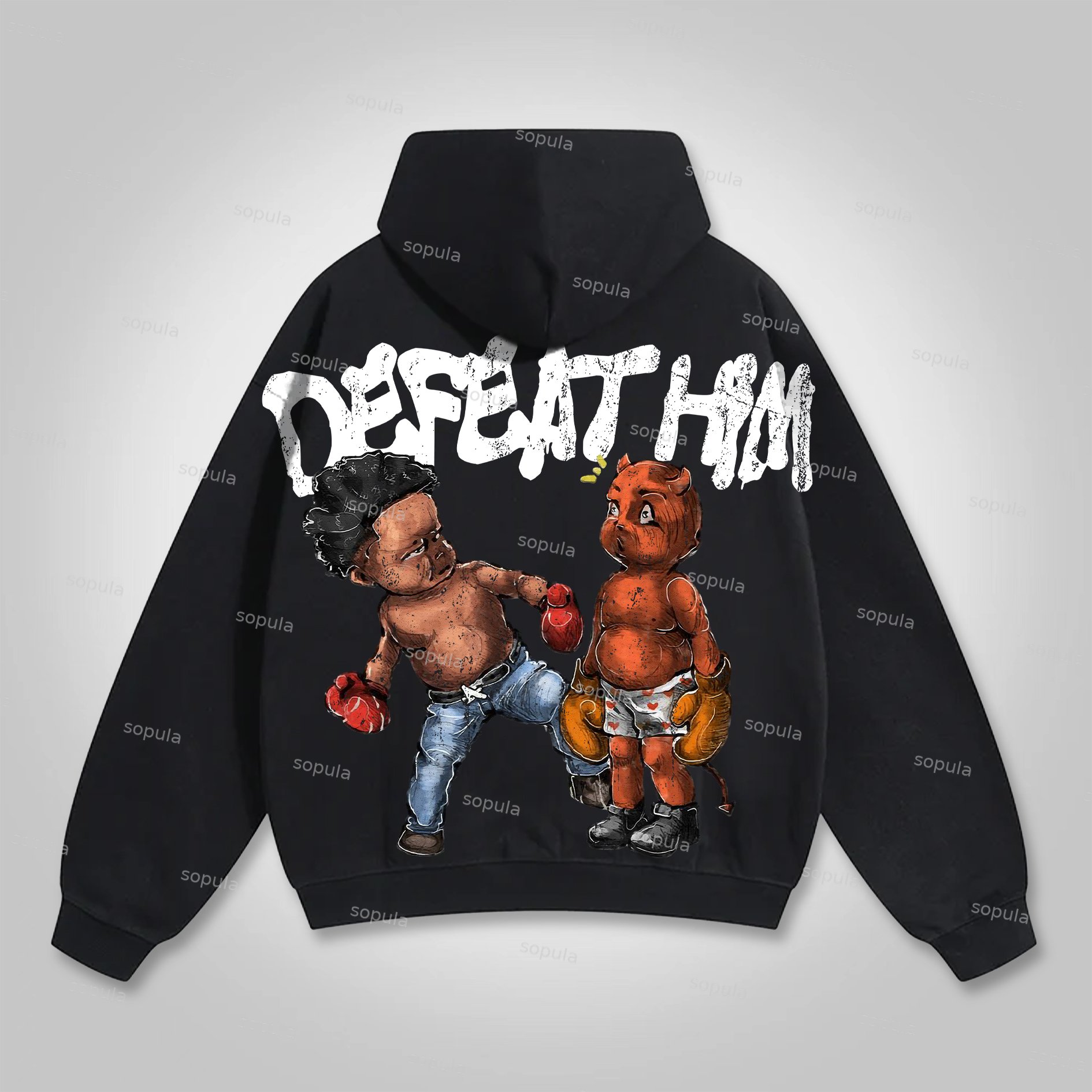Sopula Vintage Boxer Defeat Him Graphic Print Pocket Hoodie
