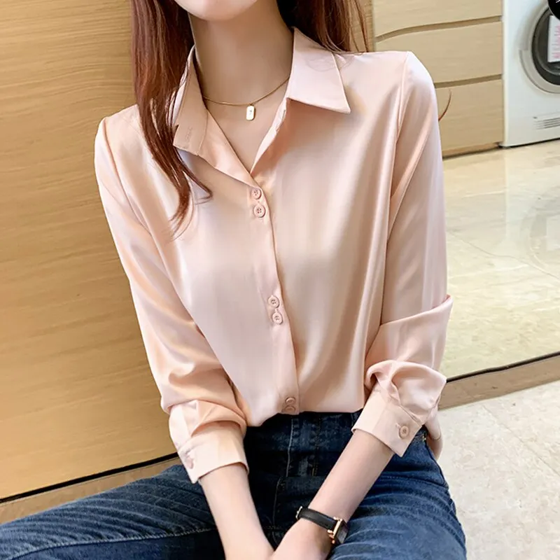 2021 Fashion Satin Long Sleeve Blouses Button Up White OL Vintage Tops V-neck Solid Ladies&rsquo; Tops Women's Silk Shirts Women 17278