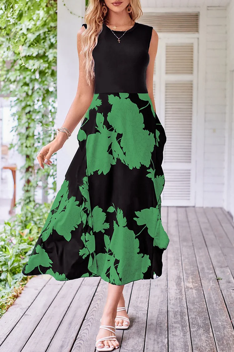 Sweet Elegant Print Patchwork O Neck Sleeveless Dress Dresses