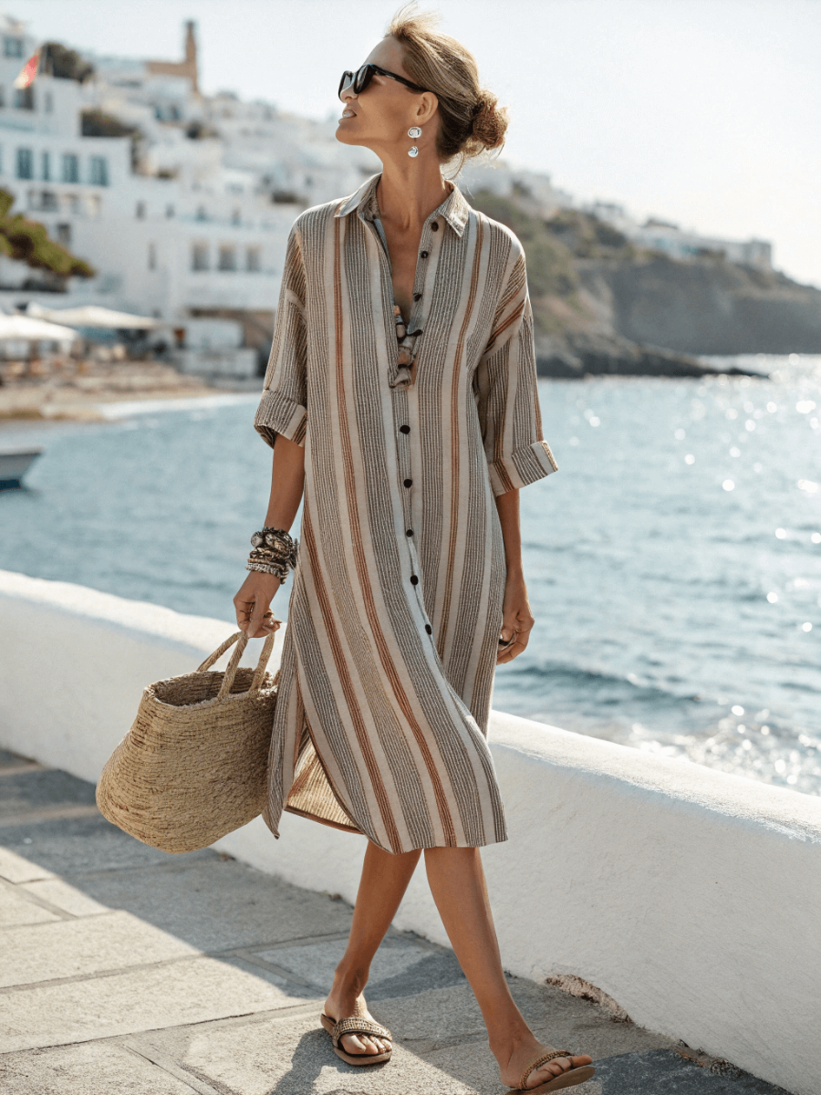 Cotton and linen women's resort shirt dress