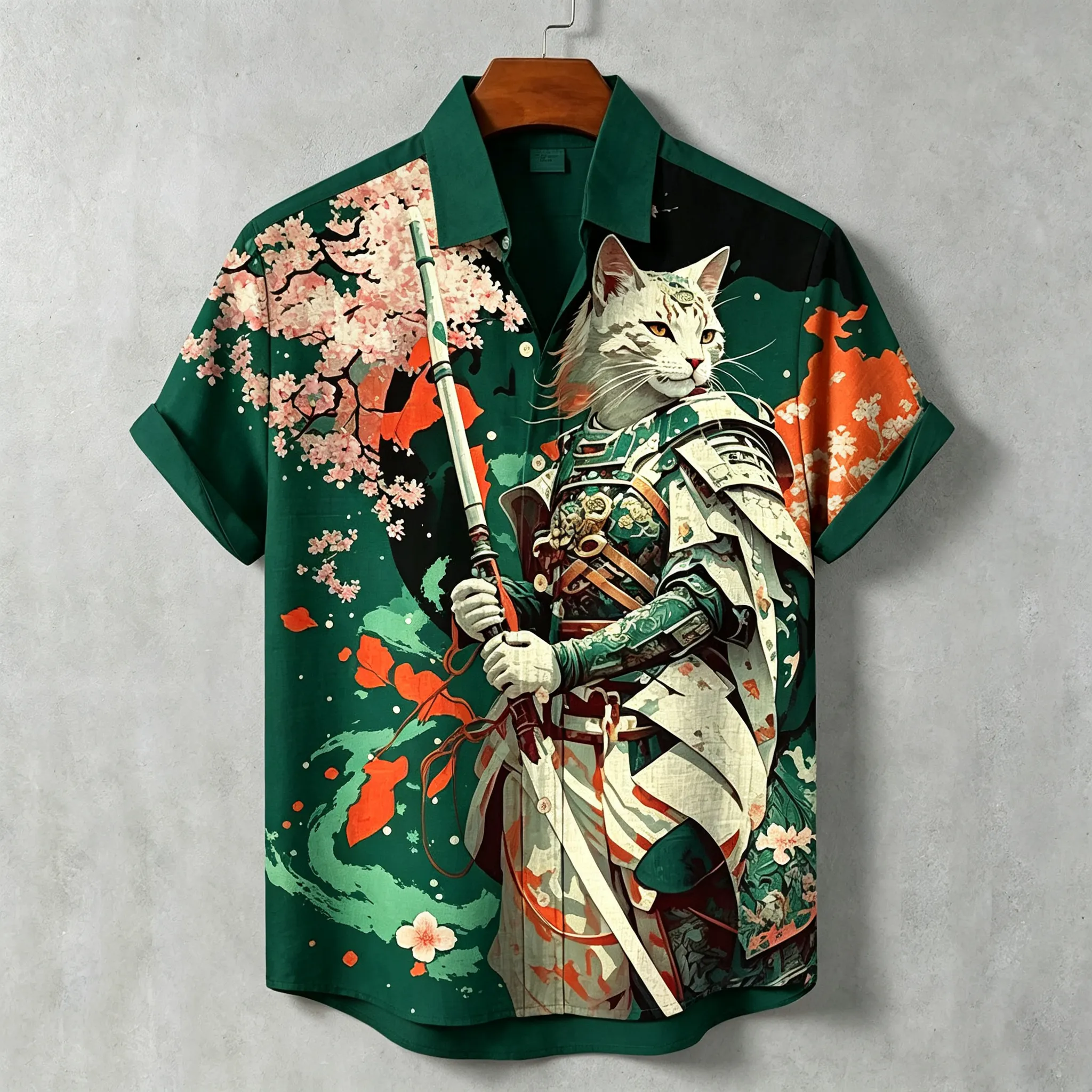 Men's Japanese Art Floral Samurai Cat Print Short-sleeve Linen Shirt  artssus