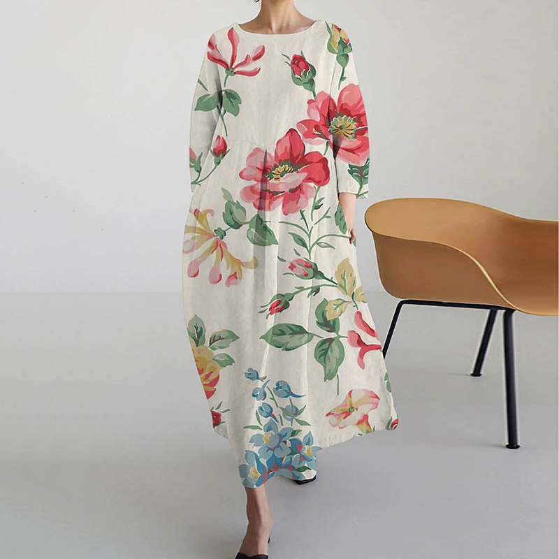 Comstylish Floral Print Crew Neck Casual Midi Dress