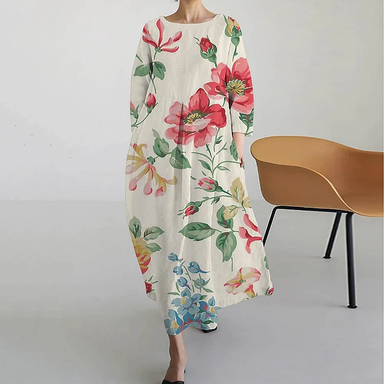 VChics Floral Print Crew Neck Casual Midi Dress