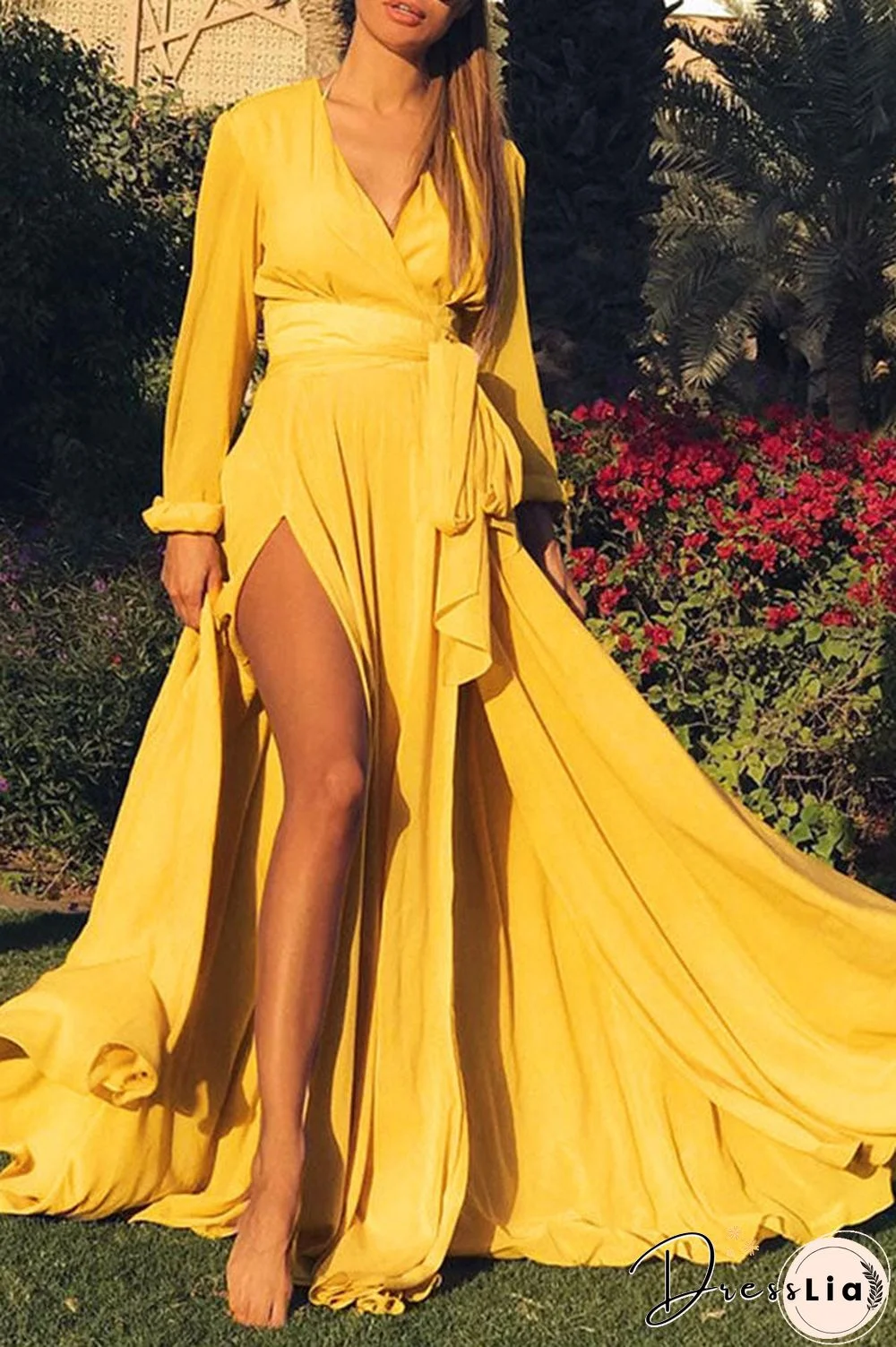 Solid V-neck Tie Front Slit Maxi Dress