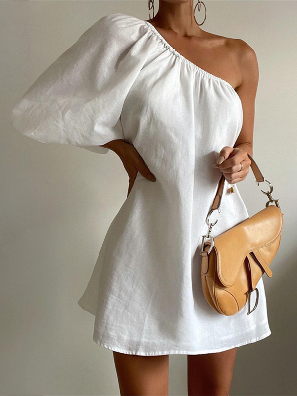 Mature Women New Solid Color Fashion Loose Slimming Slanted Shoulder Short Dress