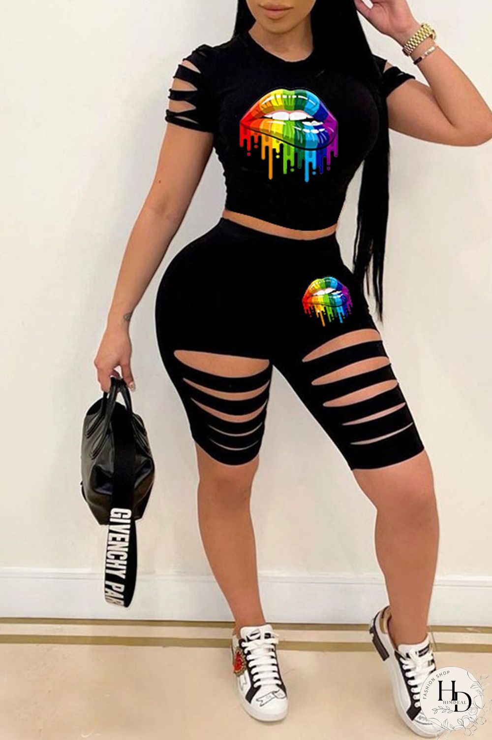 Red Casual Sportswear Print Hollowed Out Split Joint O Neck Short Sleeve Two Pieces