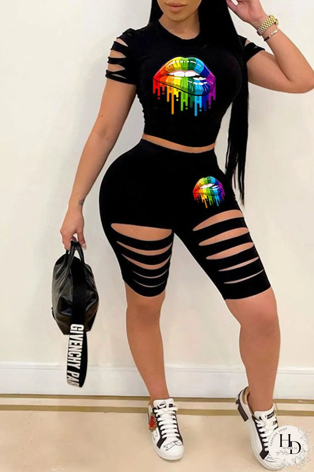 Red Casual Sportswear Print Hollowed Out Split Joint O Neck Short Sleeve Two Pieces