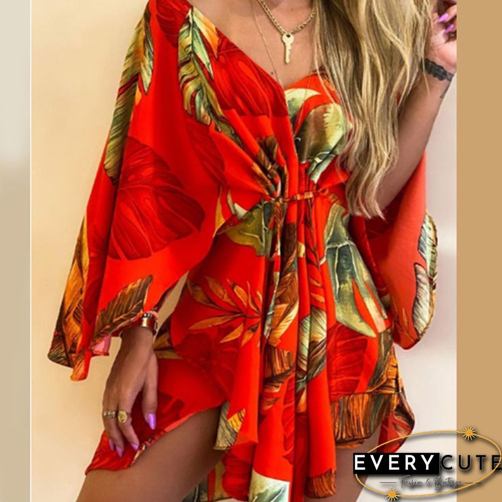 Casual Leaf Leopard Print Harajuku Batwing Sleeve Dress Lady Elegant Lace-Up Irregular