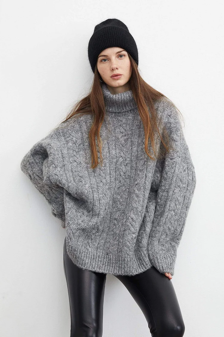 Chunky Grey Cable Knit Turtleneck QueenFunky