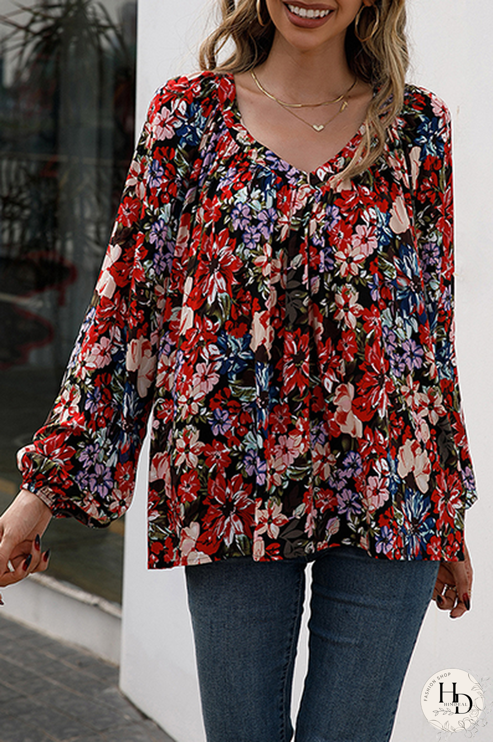 Fashion Casual Floral Split Joint Fold V Neck Tops