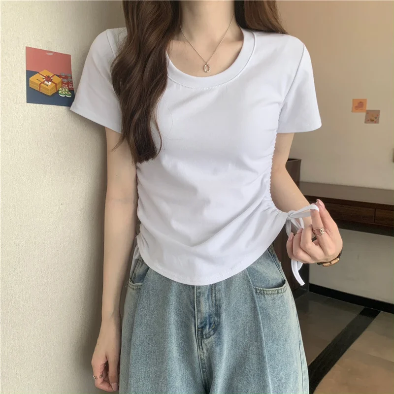 Uveng Uveng Rope Short-Sleeved T-Shirt Women 2024 New Summer Korean Version Design Sense Slim Casual Short Student Jacket Tide