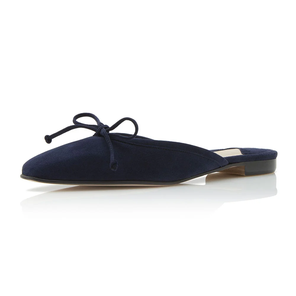 Elegant Navy Almond Toe Slip On Flat Bow Mule Shoes for Women