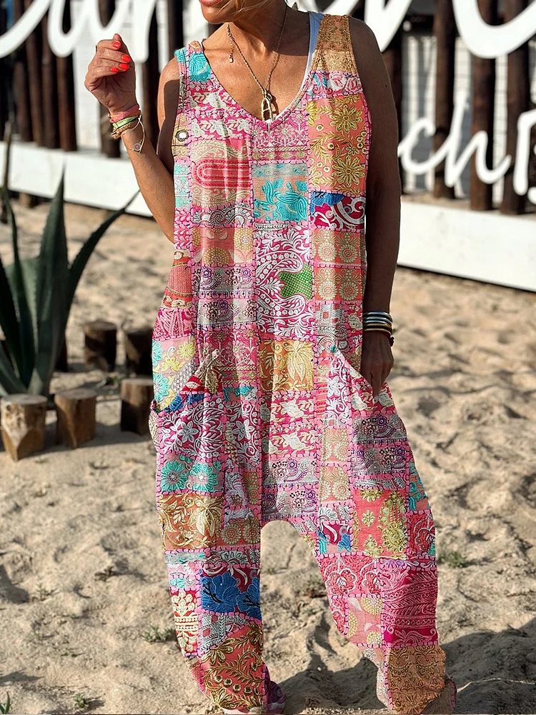Floral Pattern Hippie Art Print Casual 100% Cotton Wide Leg Jumpsuit