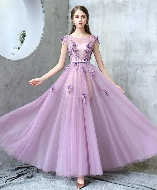 Purple Round Neck Tulle Long Prom Dress, Purple Evening Dress
