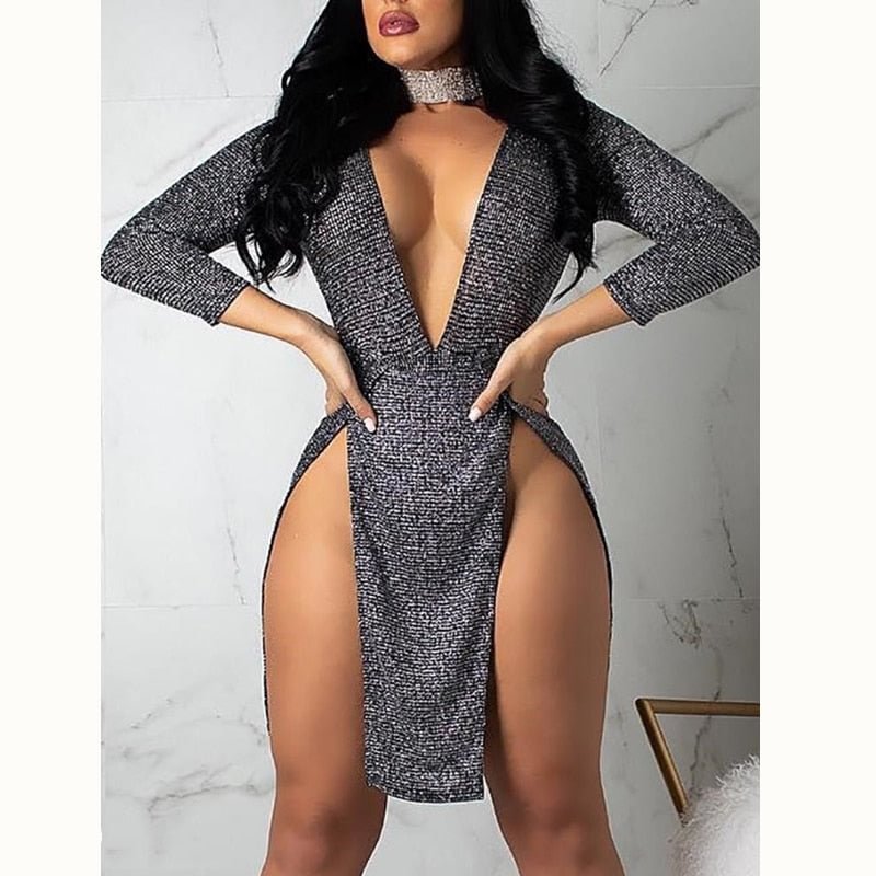 women high side split sexy night clubwear short dress femael long sleeve low cut deep v neck bodycon slim fit party wear dress