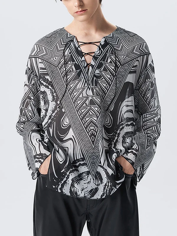 Aonga - Mens Print Lace-up Long Sleeve Chiffon T-shirt