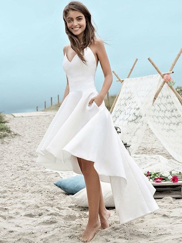 Elegant V-neck Hi-Lo Spaghetti-Straps A-Line Wedding Dress With Pockets | Ballbellas Ballbellas
