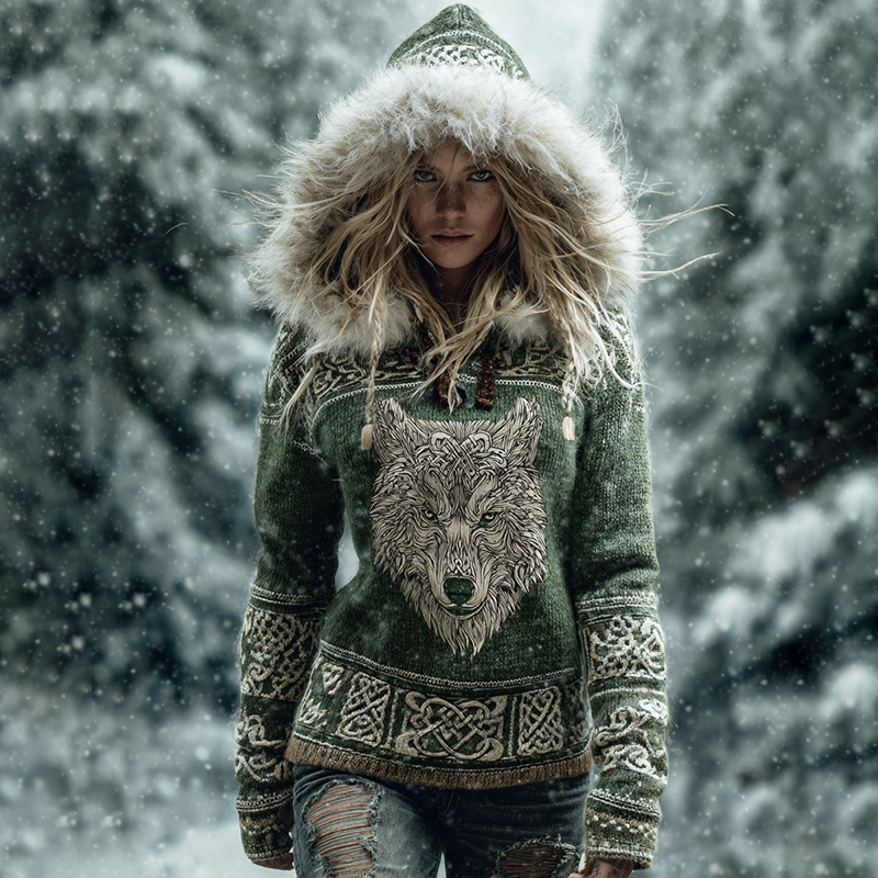 Women's Viking Wolf Celtic Knot Cozy Fur Trim Hooded Sweater elevenforest