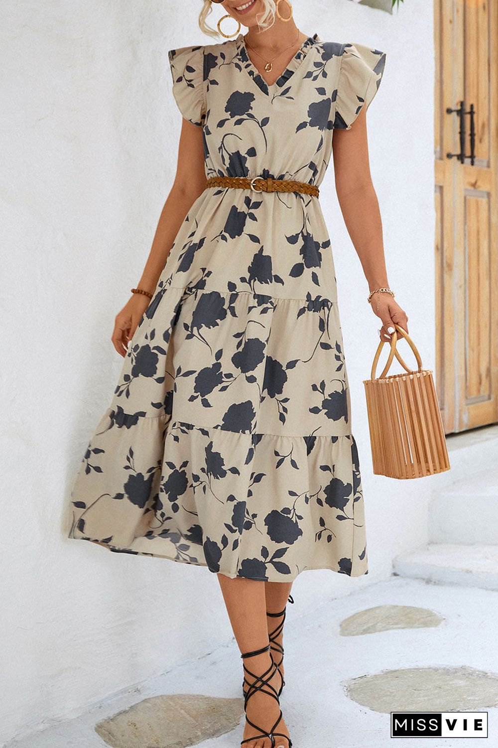 Floral V Neck Beach Ruffle Sleeve Midi Dress
