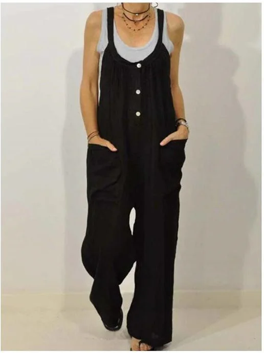 Women plus size clothing Cotton Linen Bib Pocket Solid Elastic Button Jumpsuit-Nordswear