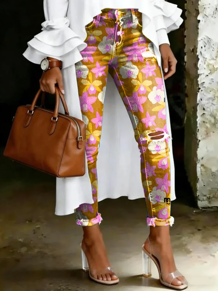 Women's Vintage Multicolor Floral Totem Print Casual High-waisted Ripped Skinny Jeans