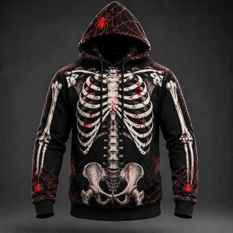 Men's Halloween Human Skeleton Spider Print Hoodie