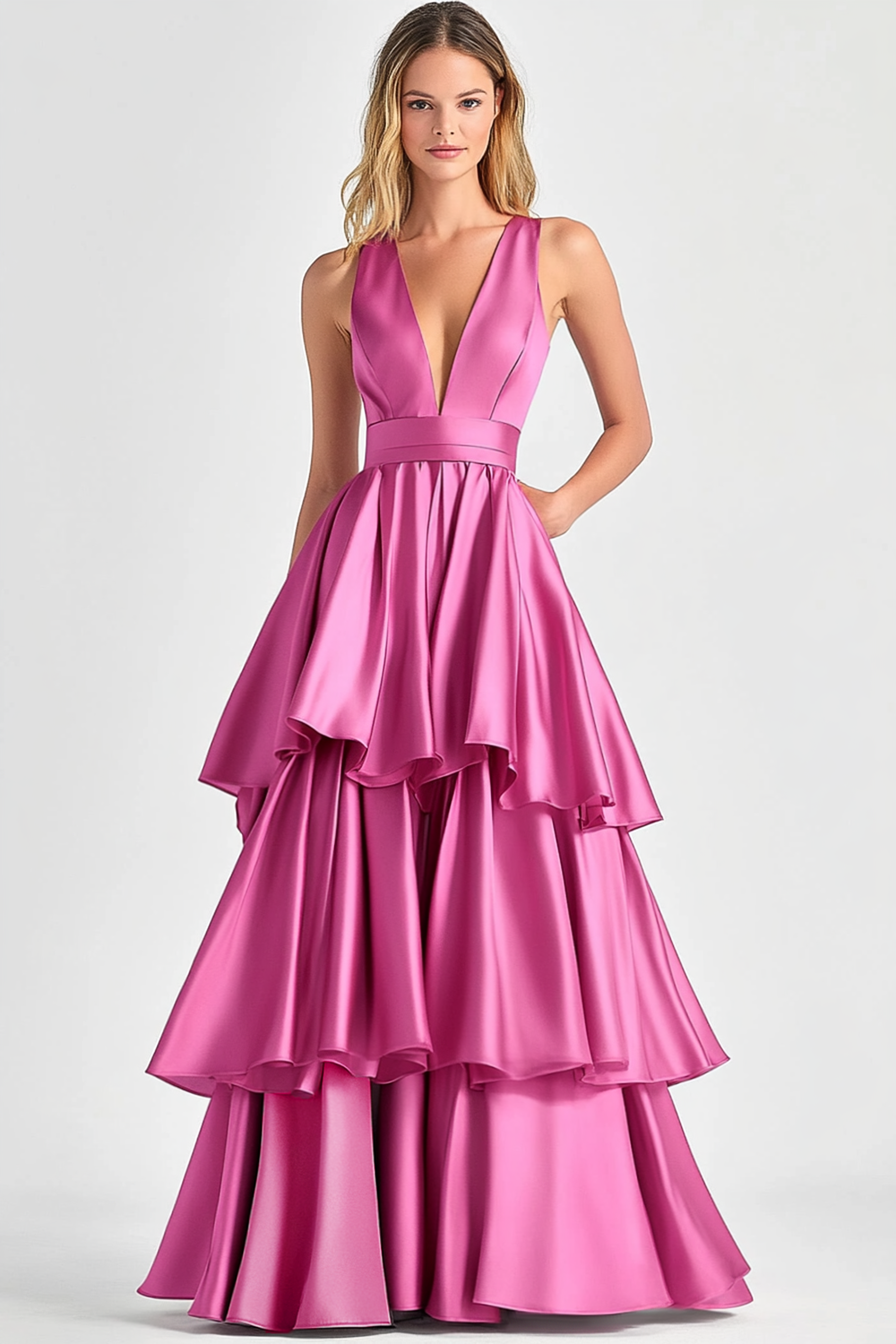 Ovlias Dazzling Fuchsia Wide Shoulder Straps Layered V Neck Prom Dress LY0595