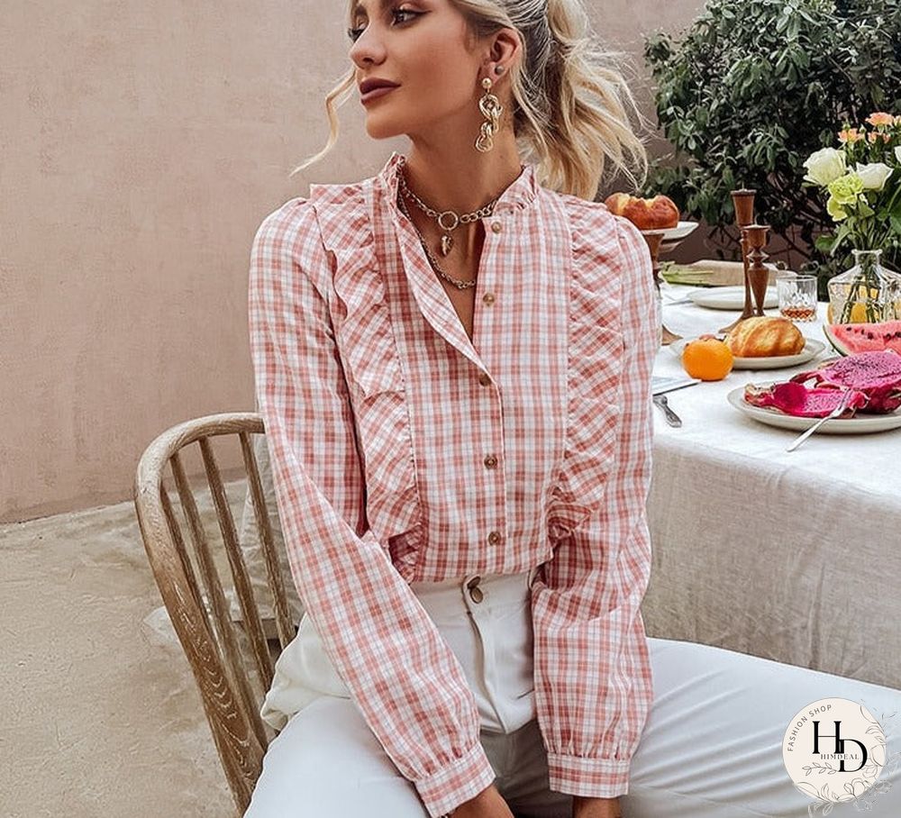 Holiday plaid summer blouse shirt light pink Idyllic style ruffle female shirts Stand collar long sleeve women's tops