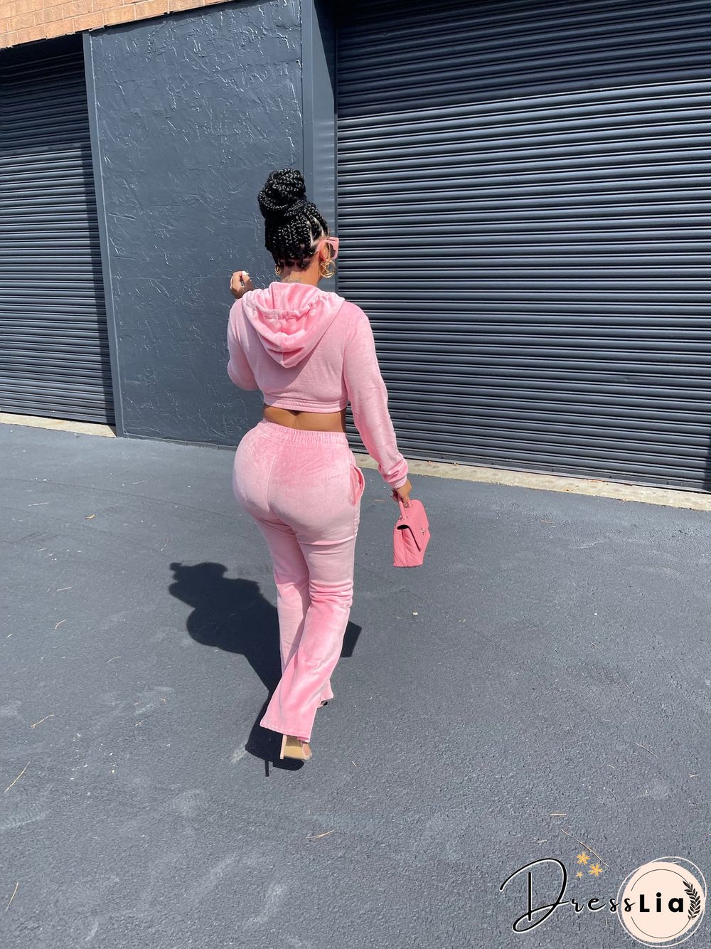 Zipper Hooded Jacket Flare Pants Velvet Two Piece Set