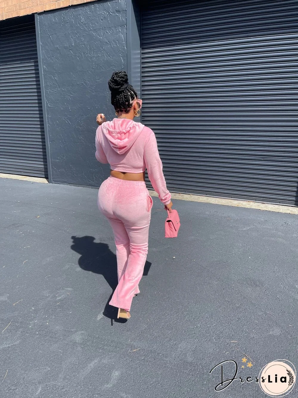 Zipper Hooded Jacket Flare Pants Velvet Two Piece Set