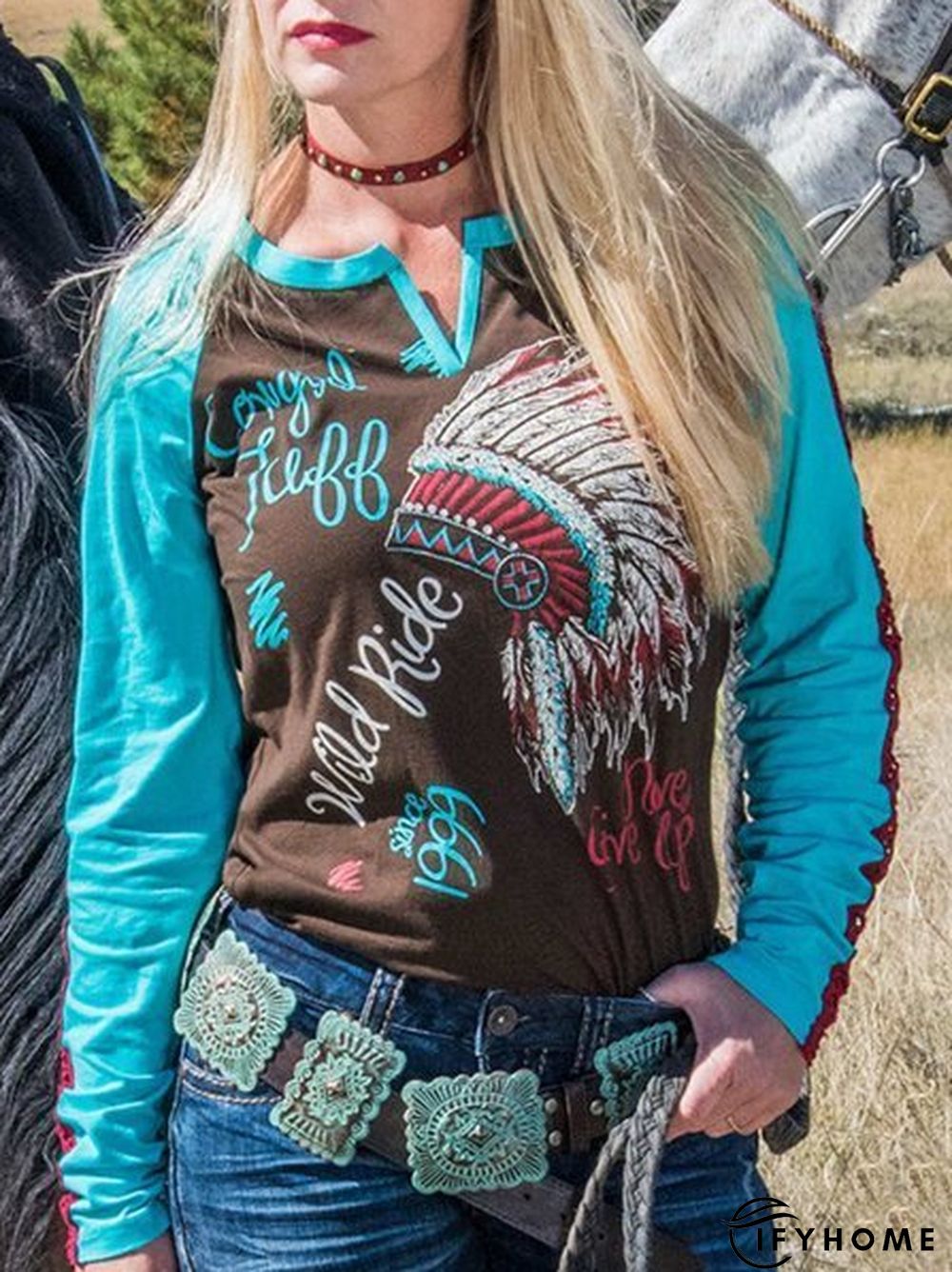 Color Block Crew Neck Cotton-Blend Blouse | IFYHOME